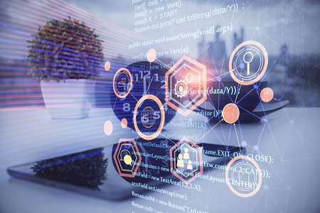 Double exposure of data theme drawing and mobile phone background. Concept of innovation