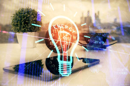 Double exposure of bulb drawing and cell phone background. Concept of ideaの写真素材
