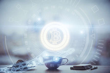 Double exposure of crypto currency theme drawing hologram over coffee cup background in office....