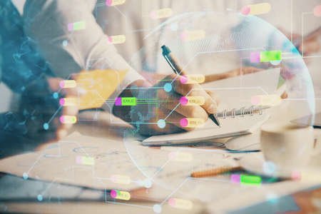 Double exposure of data theme sketch drawing over people writing background. Concept of technology