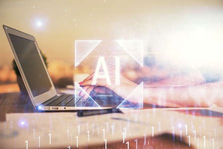 Multi exposure of woman hands working on computer and data theme hologram drawing. Tech concept.
