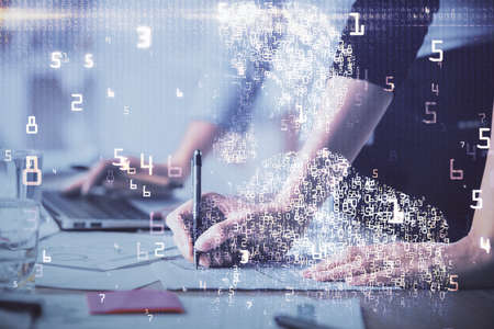 Double exposure of woman hands typing on computer and technology theme drawing. High Tech concept.