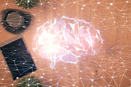 Multi exposure of brain drawing over work table desktop. Top view. Global data analysis concept.