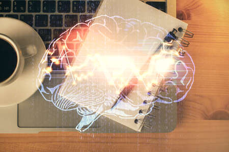 Double exposure of brain sketch and table top veiw. Concept of data analysis.の写真素材