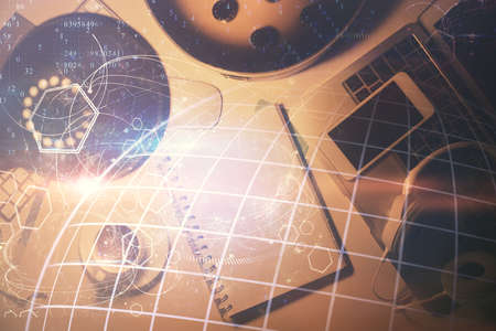 Double exposure of map sketch and table top veiw. Concept of international data.の写真素材