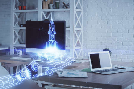 Multi exposure of creative theme drawings and office interior background.の写真素材