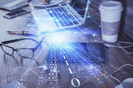 Double exposure of data theme drawing and mobile phone background. Concept of innovation