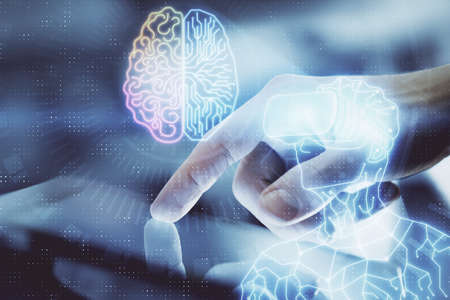 Double exposure of man's hands holding and using a digital device and AR glasses drawing. Virtual reality concept.の写真素材