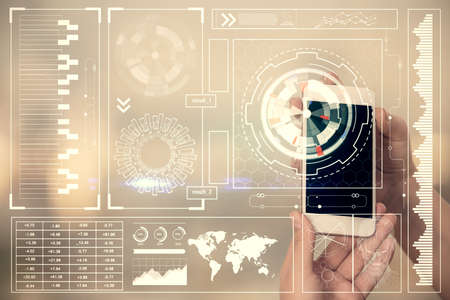 Double exposure of technology sketch hologram and woman holding and using a mobile device.