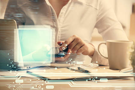 Double exposure of technology sketch hologram and woman holding and using a mobile device. Ai...