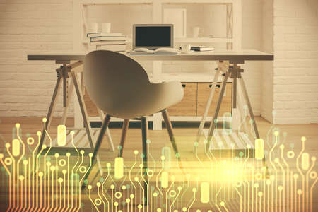 Multi exposure of data theme drawing and office interior background. Concept of technology.の写真素材