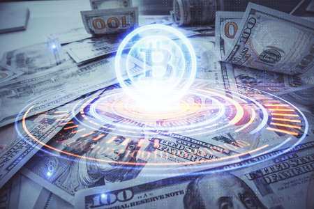 Multi exposure of crypto theme drawing over us dollars bill background. Concept of blockchain...