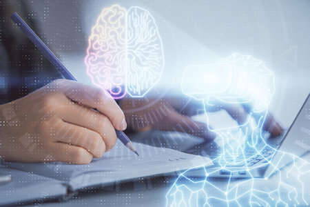 Double exposure of woman hands typing on computer and man in AR glasses drawing. Education concept.