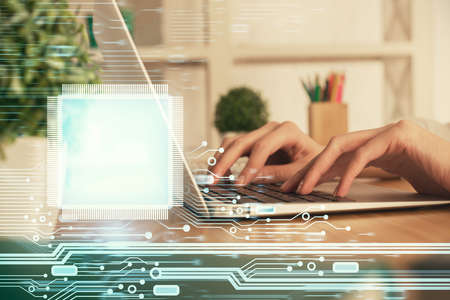 Double exposure of woman hands working on computer and data theme hologram drawing. Tech concept.