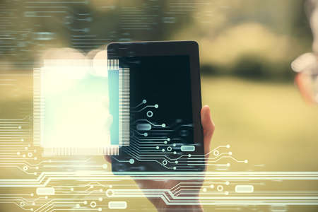 Double exposure of technology sketch hologram and woman holding and using a mobile device. Ai conceptの写真素材