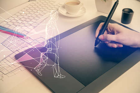 Double exposure of creative hologram and woman holding and using a mobile device. Start up concept.の写真素材