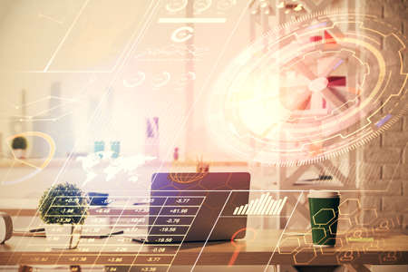 Double exposure of data theme drawing and office interior background. Concept of technology.