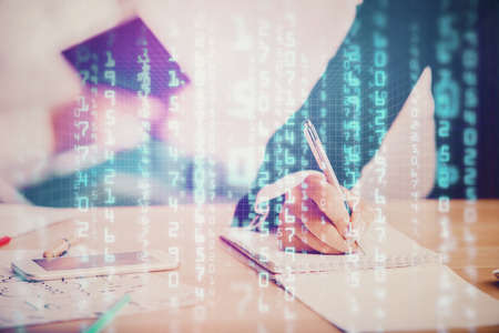 Double exposure of data theme sketch drawing over people writing background. Concept of technology