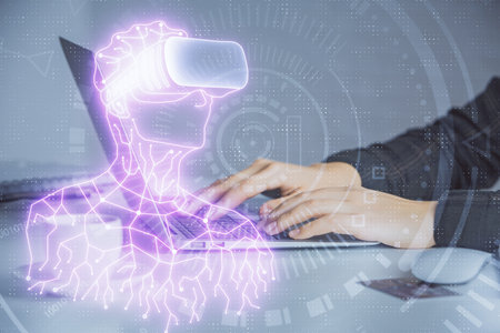 Double exposure of woman hands typing on computer and man in AR glasses drawing. Education concept.