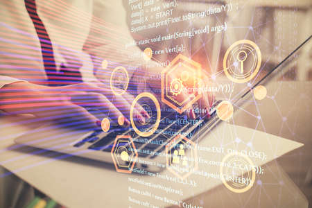 Multi exposure of woman hands working on computer and data theme hologram drawing. Tech concept.