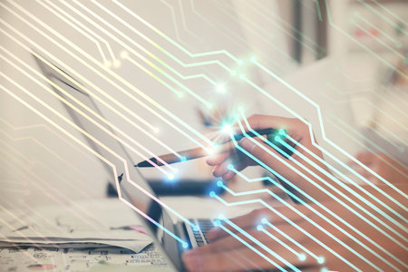 Multi exposure of woman hands working on computer and data theme hologram drawing. Tech concept.の写真素材