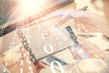 Multi exposure of man's hands holding and using a digital device and data theme drawing. Innovation...
