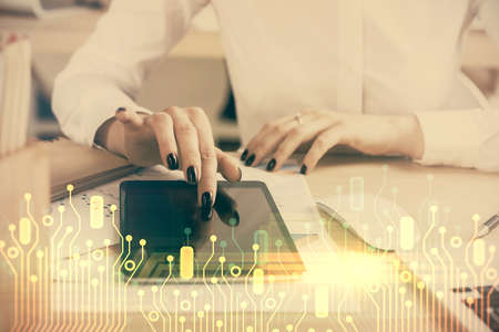 Double exposure of technology sketch hologram and woman holding and using a mobile device. Ai...