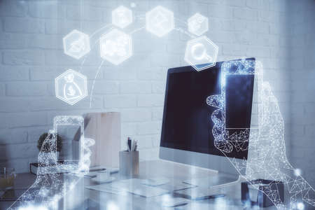 Double exposure of tech theme drawings and office interior background. Technology concept.の写真素材