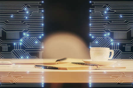 Double exposure of technology theme drawing and desktop with coffee and items on table background. Concept of high tech.の写真素材