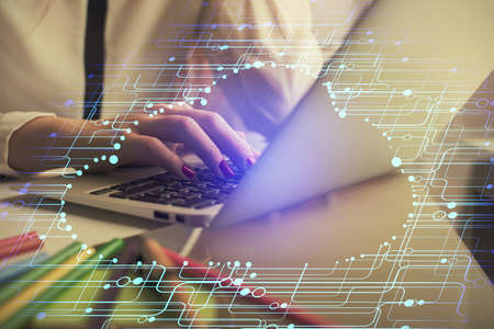 Multi exposure of woman hands working on computer and data theme hologram drawing. Tech concept.