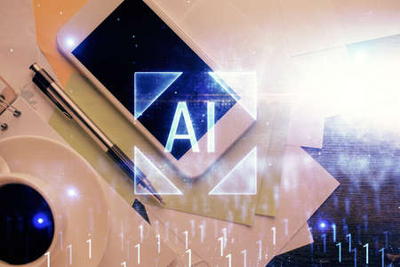 Double exposure of technology theme drawing over work table desktop. Top view. Global data analysis concept.の写真素材