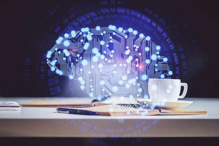 Double exposure of brain drawing and desktop with coffee and items on table background. Concept of...