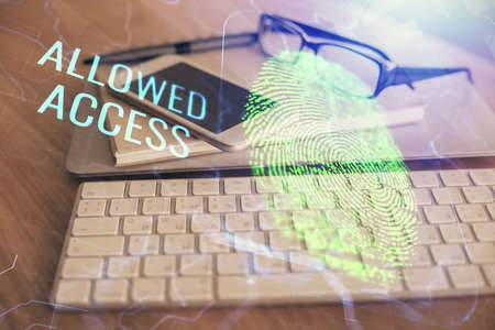 Double exposure of fingeprint drawing and cell phone background. Concept of mobile security