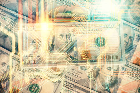 Double exposure of world map drawing over us dollars bill background. International concept.の写真素材