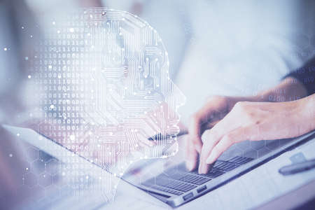 Double exposure of woman hands working on computer and brain hologram drawing. Ai concept.