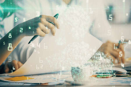 Double exposure of data theme sketch drawing over people writing background. Concept of technology