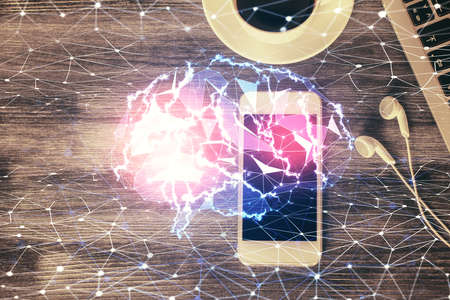 Multi exposure of brain drawing over work table desktop. Top view. Global data analysis concept.