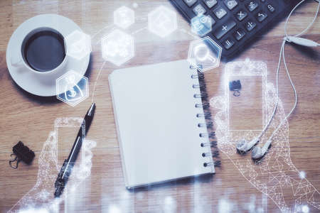 Double exposure of technology drawing and work table top veiw. Concept of hightech.の写真素材