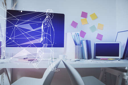 Multi exposure of creative theme drawings and office interior background.
