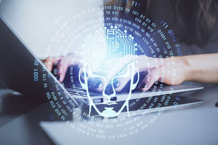 Double exposure of woman hands working on computer and brain hologram drawing. Ai concept.