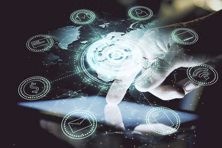 Double exposure of man's hands holding and using a phone and social network theme drawing.