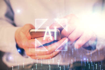 Multi exposure of man's hand holding and using a digital device and data theme drawing. Innovation concept.の写真素材
