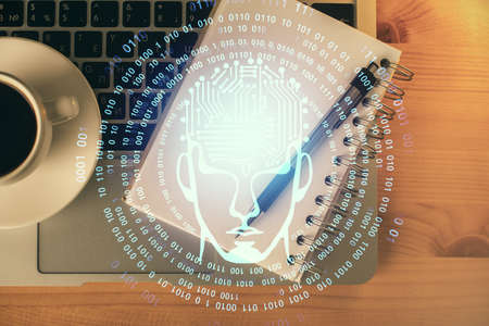 Double exposure of brain sketch and table top veiw. Concept of data analysis.