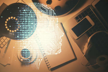 Double exposure of brain sketch and table top veiw. Concept of data analysis.
