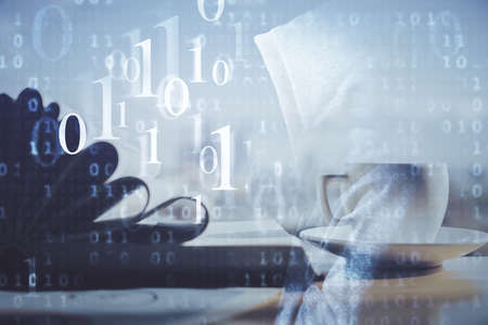 Double exposure of technology theme drawing and desktop with coffee and items on table background....