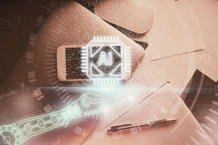 Double exposure of technology theme drawing over work table desktop. Top view. Global data analysis...