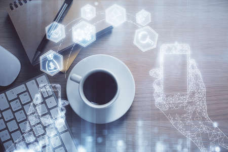 Double exposure of technology drawing and work table top veiw. Concept of hightech.の写真素材