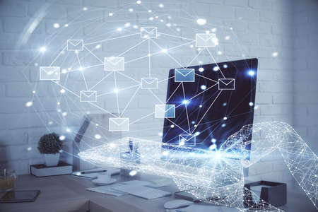 Multi exposure of envelops drawings and office interior background. E-mail concept.