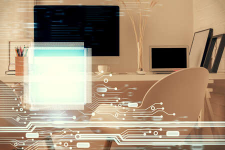 Double exposure of data theme drawing and office interior background. Concept of technology.