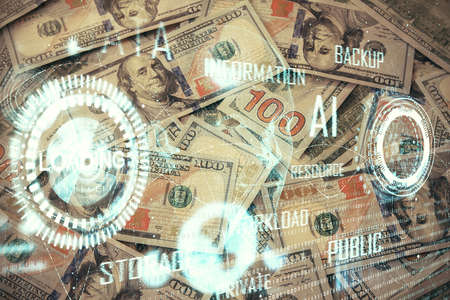 Double exposure of data theme drawing over us dollars bill background. Technology concept.の写真素材